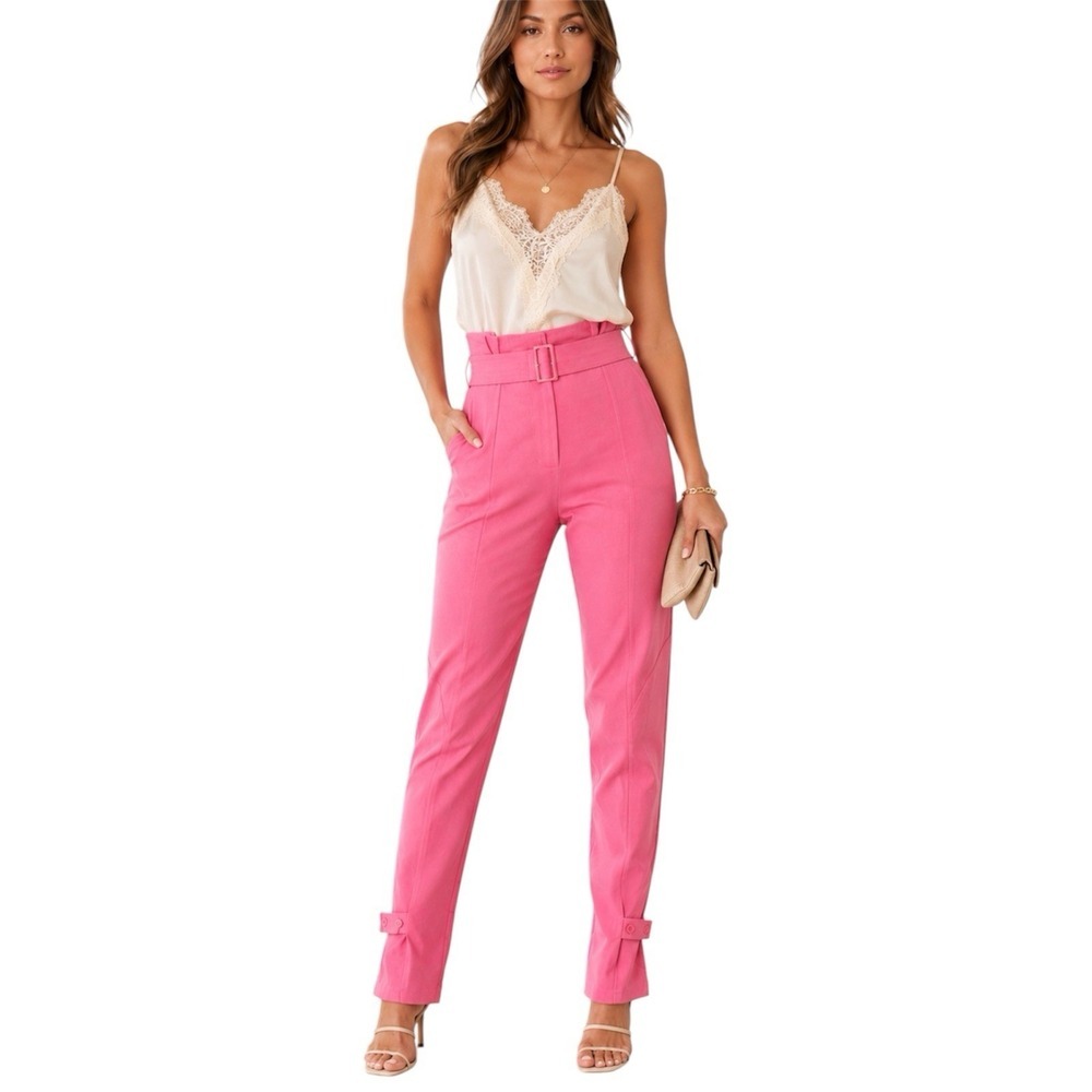 Hevron Leona Linen Pants Bubblegum Pink Paperbag Waist Belted.NWT.Sz 2